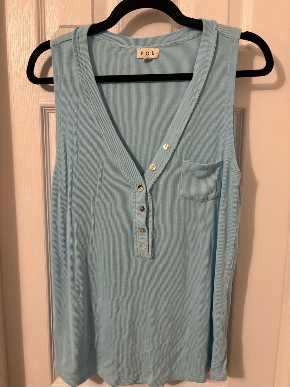 POL Light Blue V‑Neck Henley Tank with Chest Pocket